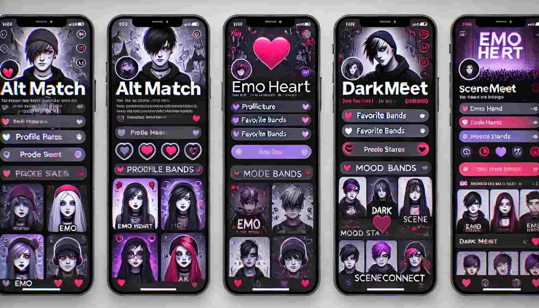 Screenshots of popular emo dating apps including AltMatch, Emo Heart, DarkMeet and SceneConnect showing their interfaces