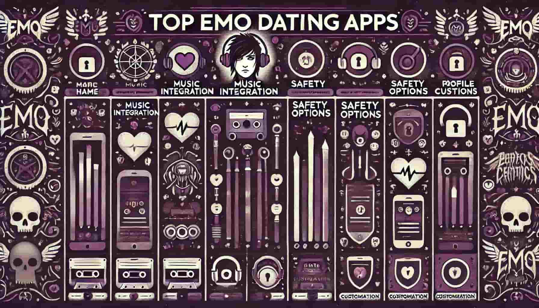 Comparison chart of essential features in top emo dating apps including music integration, safety options, and profile customization
