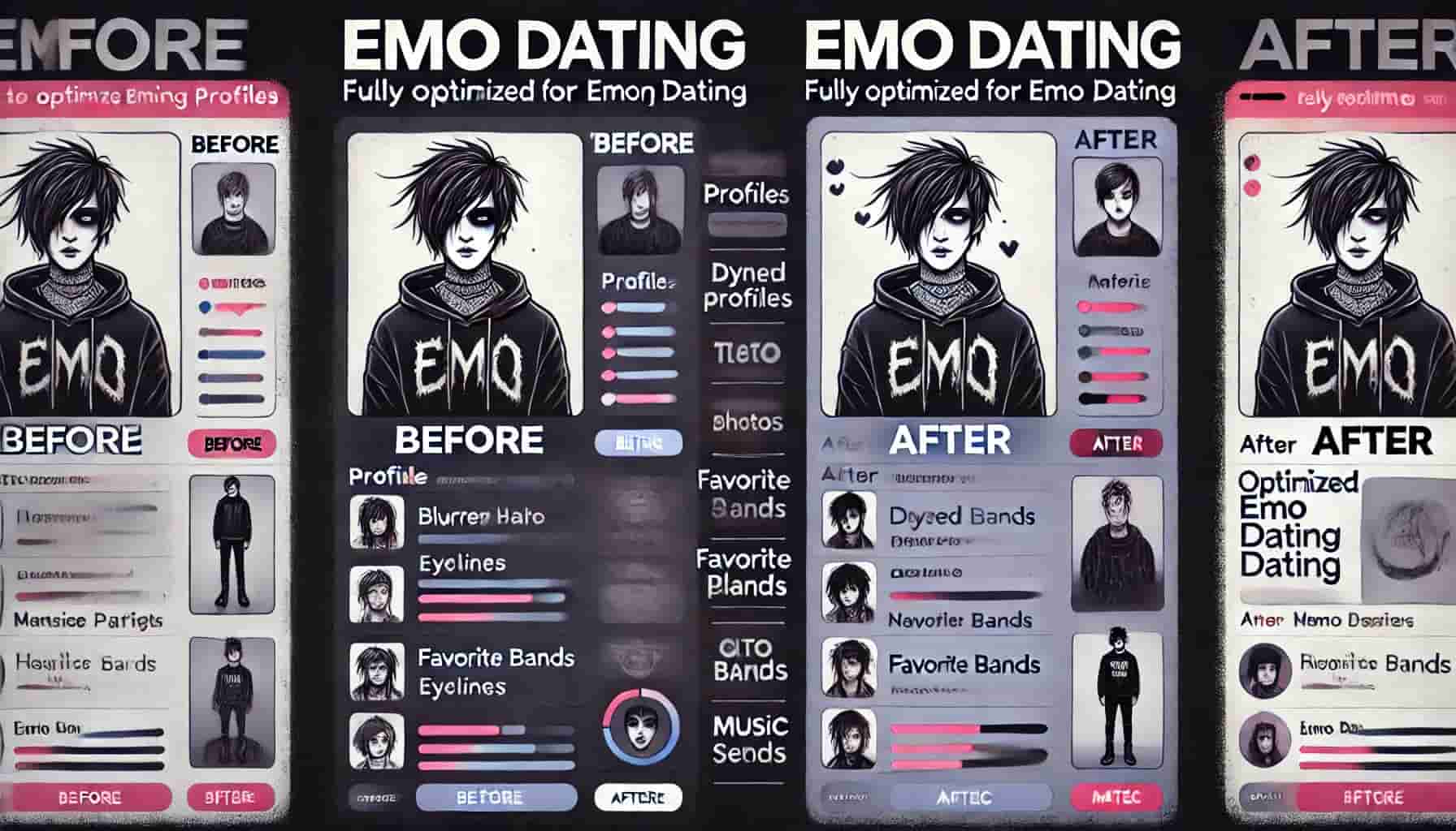 Before and after comparison of optimized emo dating profiles showing effective music taste presentation and alternative style photography