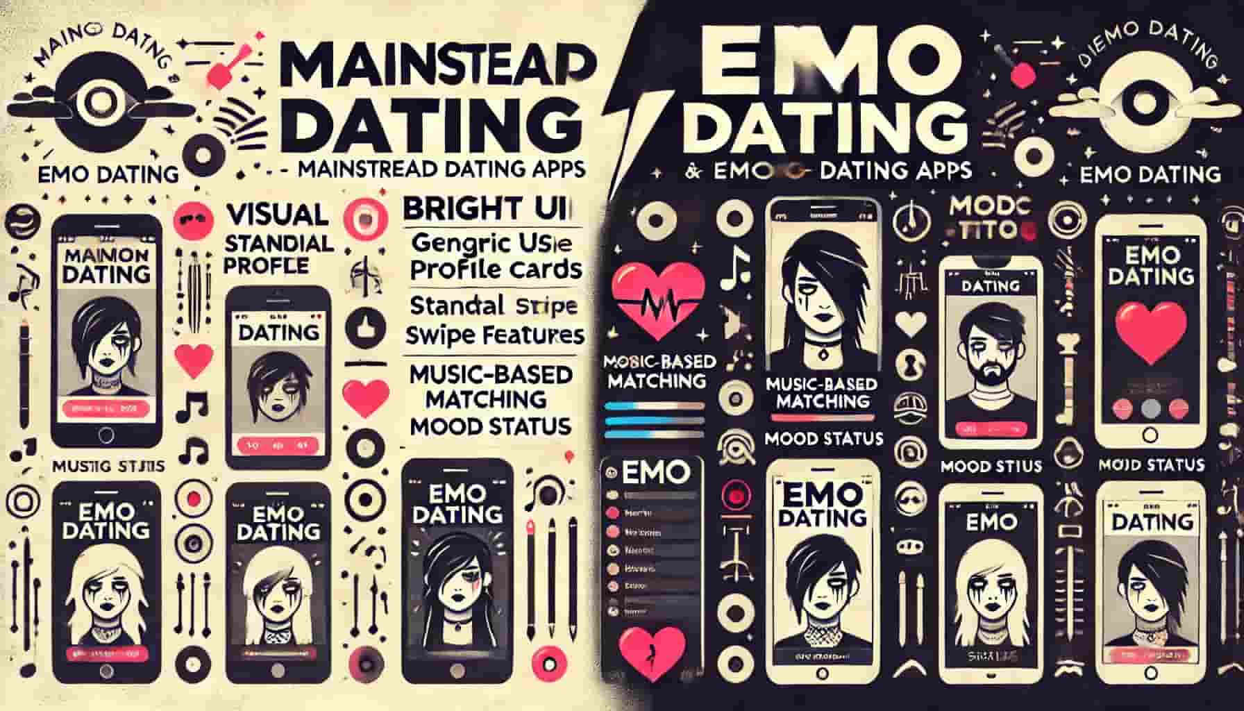 Visual comparison between emo dating apps and mainstream dating platforms highlighting alternative community features versus generic matching