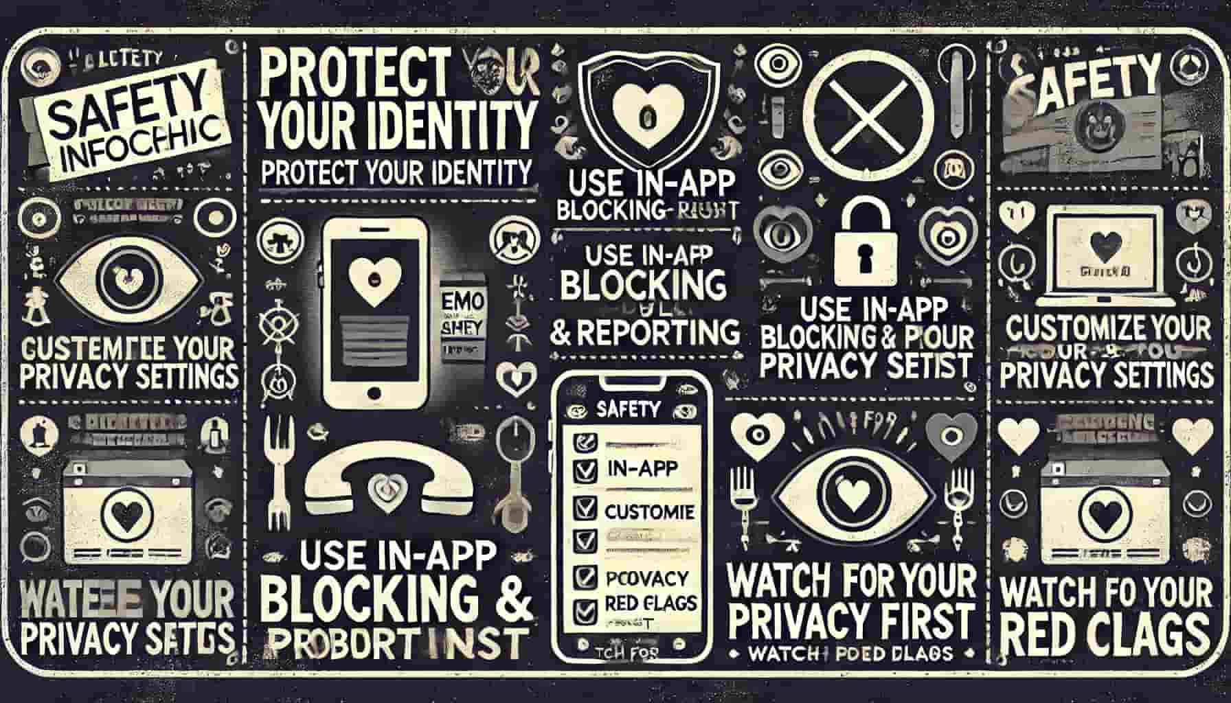 Safety infographic for alternative dating app users showing essential protection measures and privacy settings