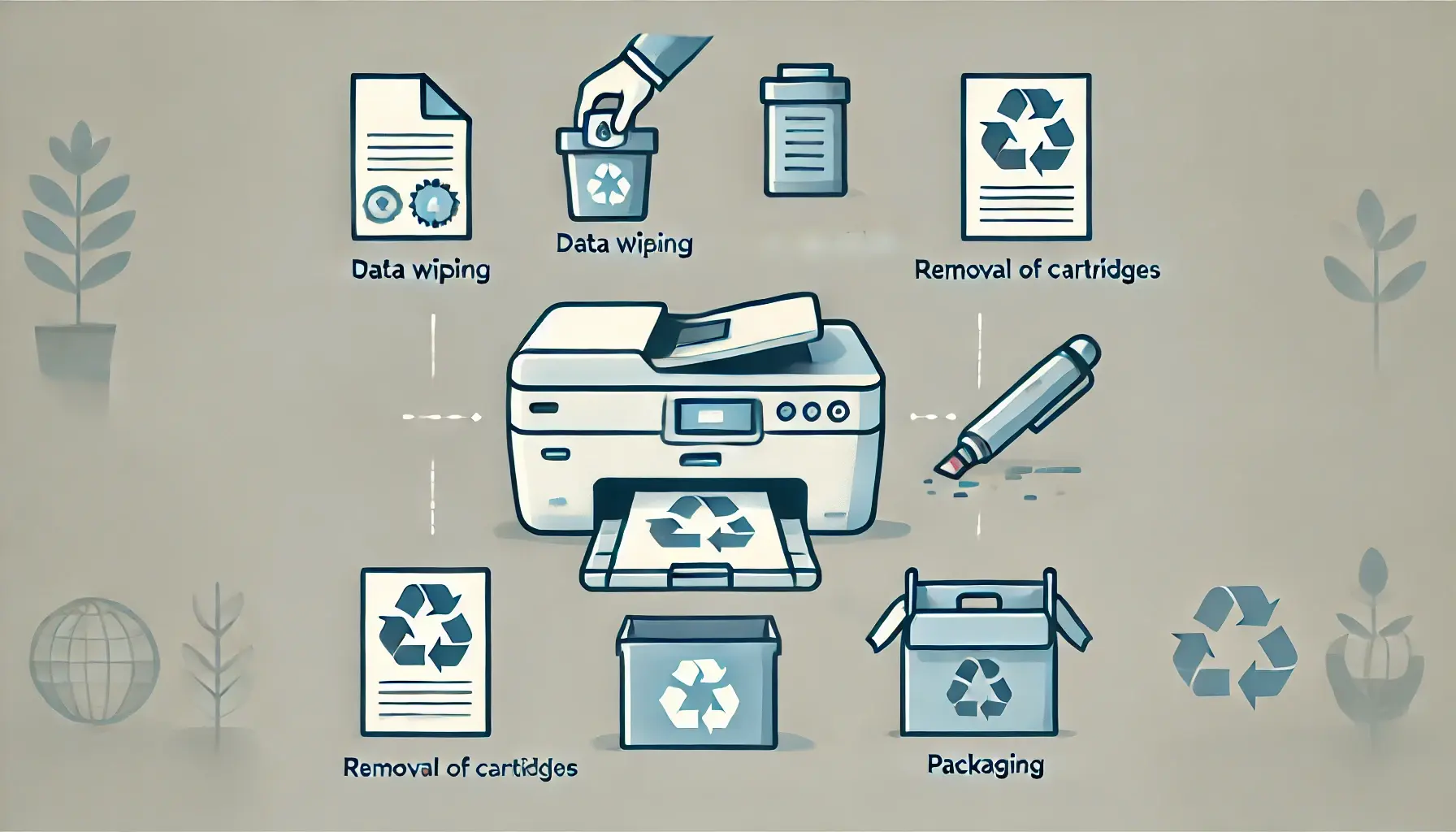 Steps to prepare your old printer for safe disposal: data wiping, cartridge removal, and proper packaging