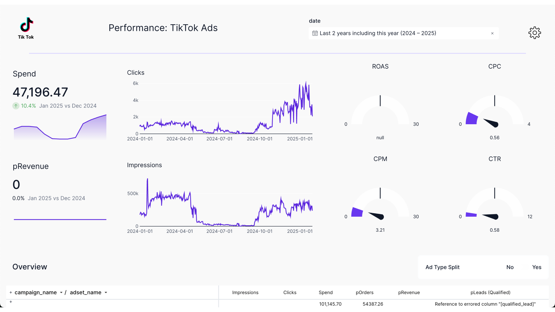 TikTok advertising dashboard showing campaign performance metrics and ROI visualization for businesses in 2025